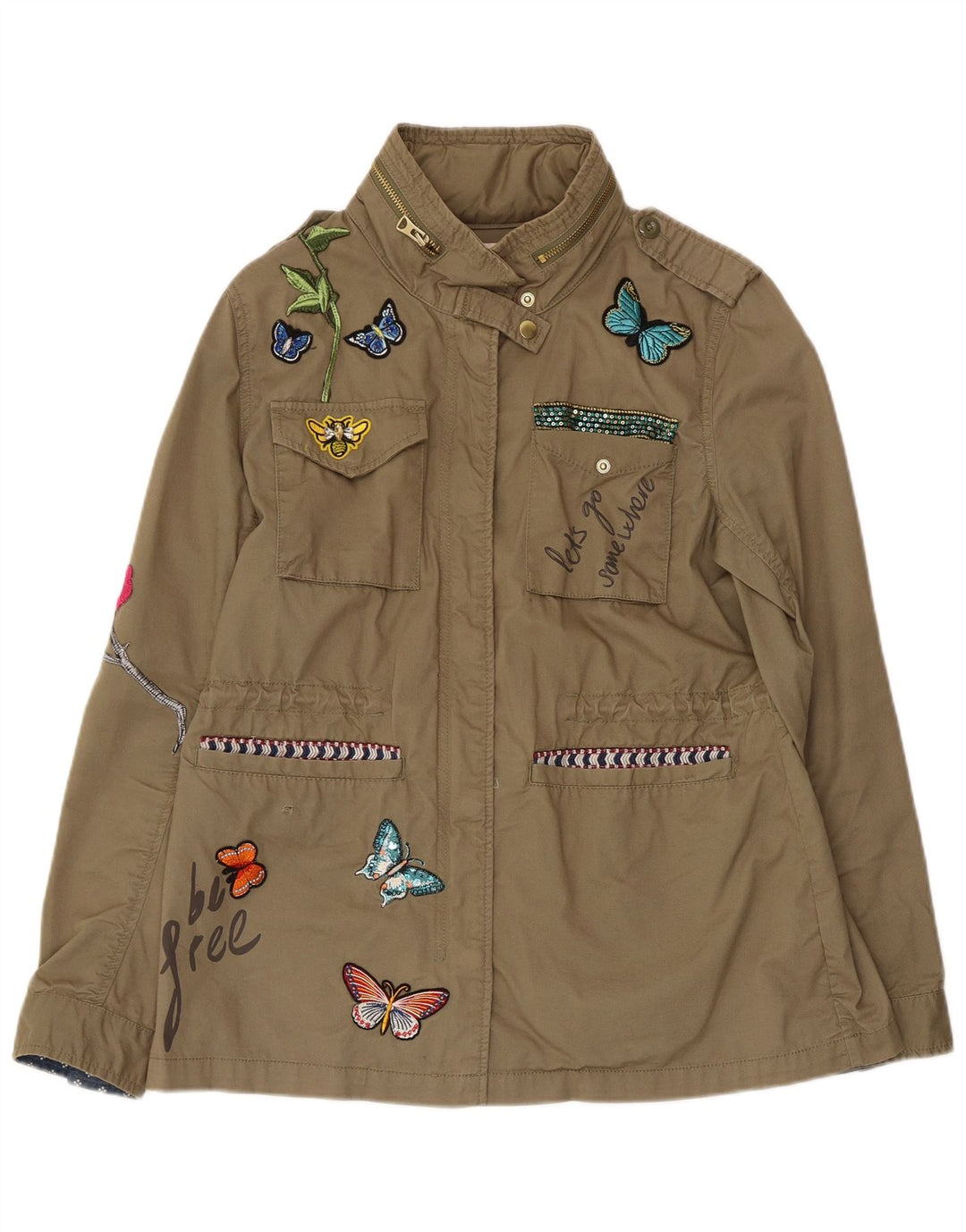 DESIGUAL Chaqueta militar gráfica para mujer EU 42 Large Khaki Cotton Butterfly