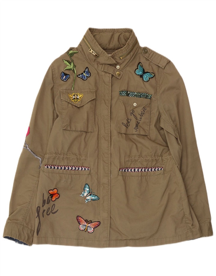 DESIGUAL Chaqueta militar gráfica para mujer EU 42 Large Khaki Cotton Butterfly