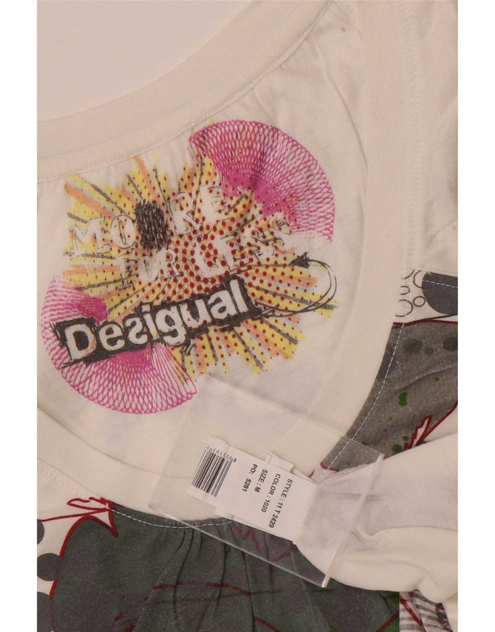 Desigual Mujer Camiseta Gráfica Top UK 12 Medio Blanco Poliéster