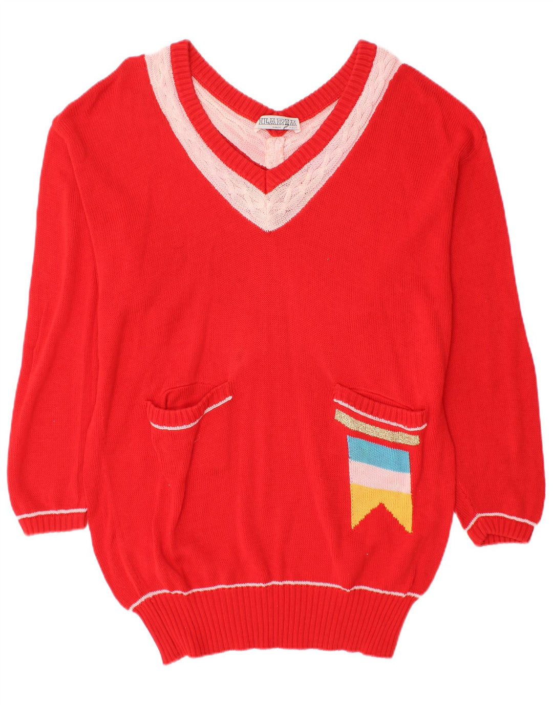 VINTAGE Suéter de jersey largo con cuello en V para mujer Reino Unido 18 XL Bloque de color rojo