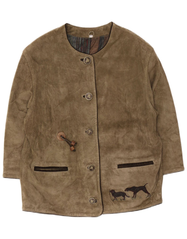 Vintage hombres caza gráfico gamuza chaqueta EU 42 grande caqui animal print