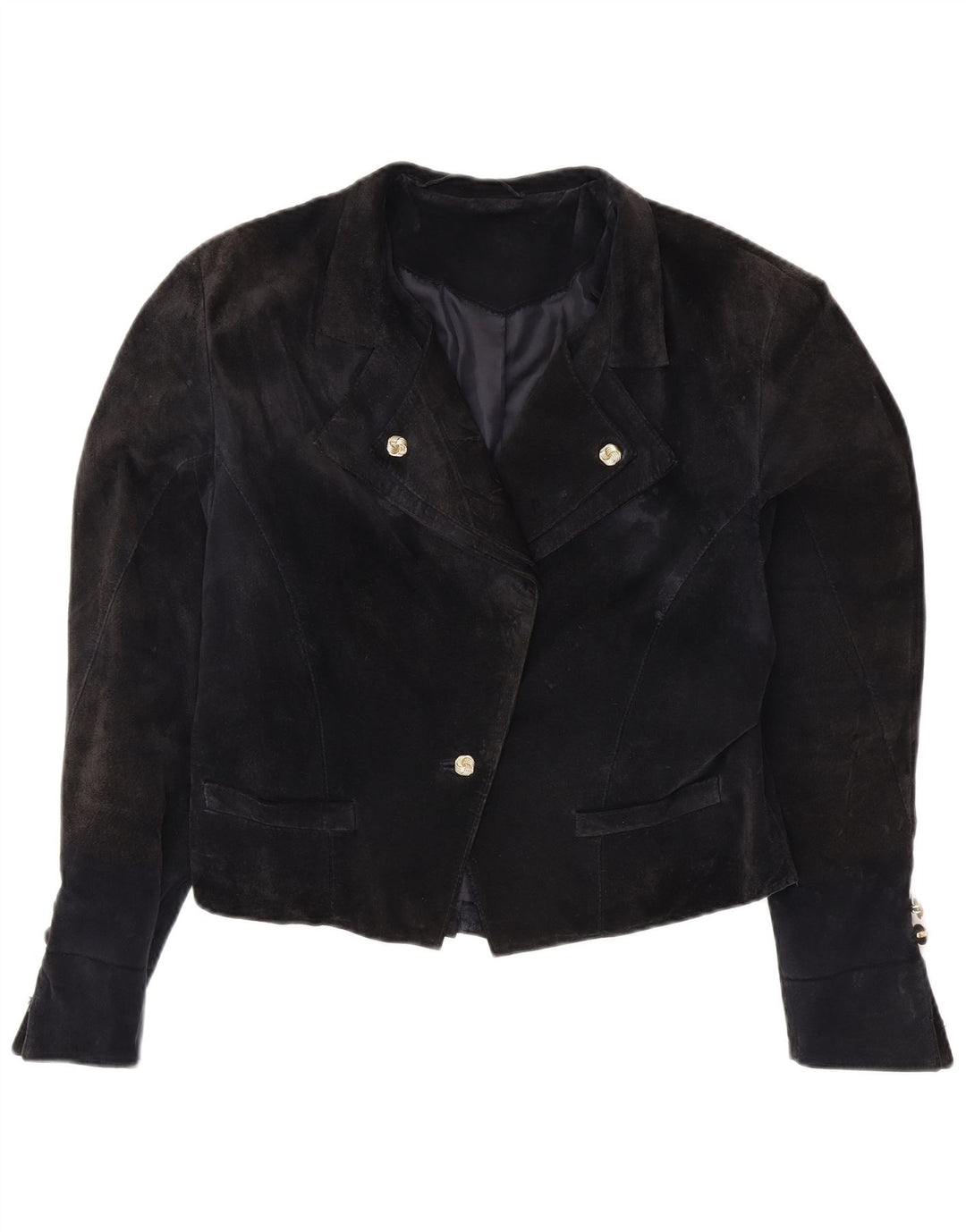 VINTAGE Mujer 1 Botón Crop Blazer Chaqueta Reino Unido 14 Medio Azul Marino Viscosa