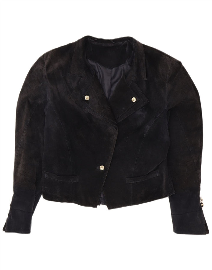 VINTAGE Mujer 1 Botón Crop Blazer Chaqueta Reino Unido 14 Medio Azul Marino Viscosa