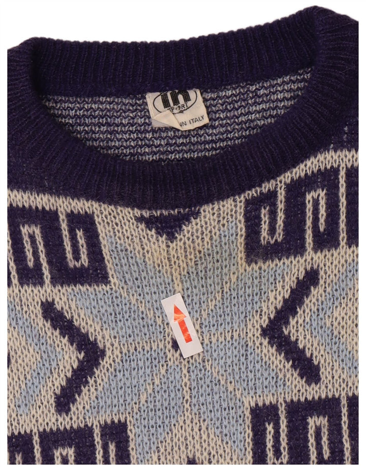 Vintage hombres cuello redondo jersey suéter medio azul marino geométrico