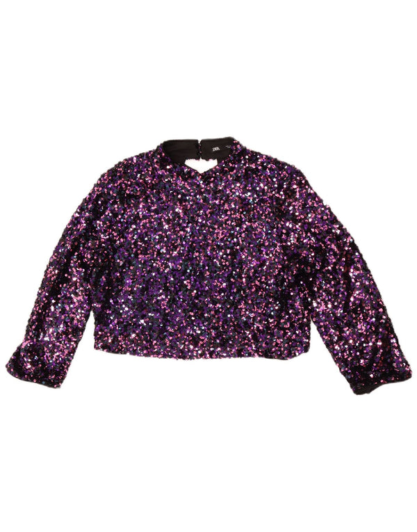 Zara Mujer Crop Blusa De Manga 3/4 Top UK 44 Grande Púrpura Moteado