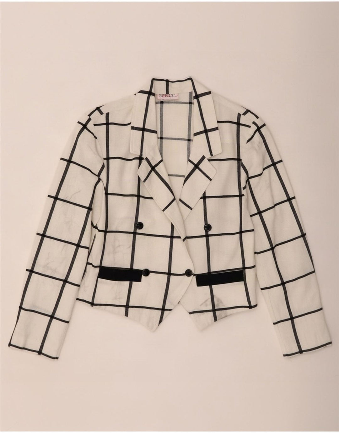 Vintage mujer crop chaqueta blazer de doble pecho EU 40 cheque blanco medio