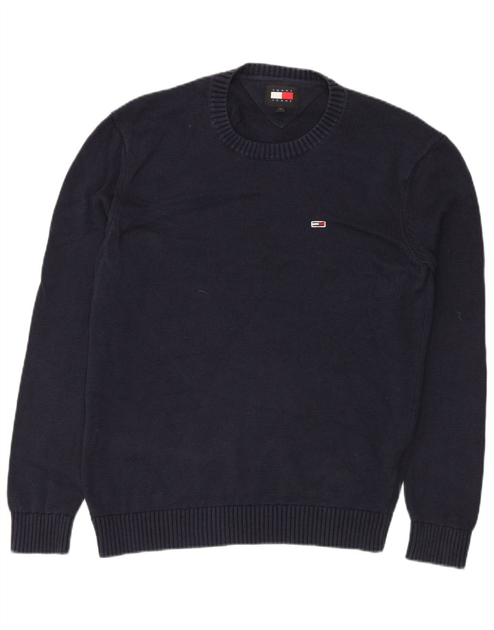TOMMY HILFIGER Jersey de cuello redondo para hombre, jersey de algodón azul marino medio