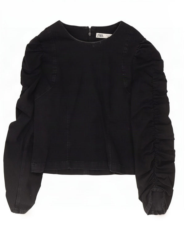 Zara Mujer Blusa Manga Larga Top UK 10 Small Algodón Negro