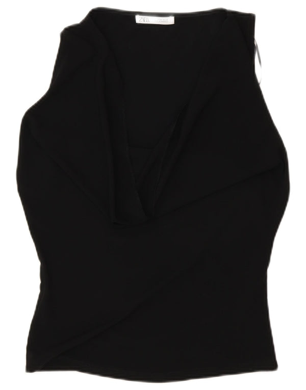 Zara Mujer Blusa Sin Mangas Top UK 42 Medio Negro Poliéster
