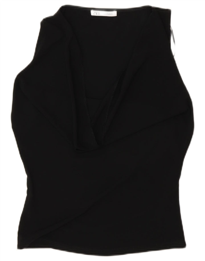 Zara Mujer Blusa Sin Mangas Top UK 42 Medio Negro Poliéster