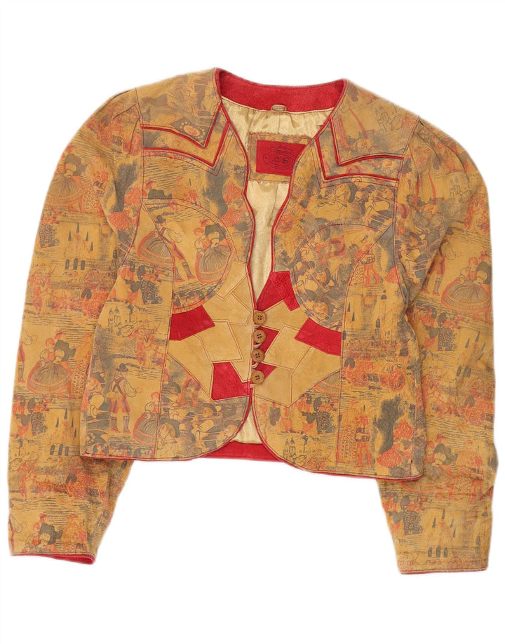 Vintage mujer Trachten 4 botones Blazer chaqueta EU 36 pequeño cuero beige