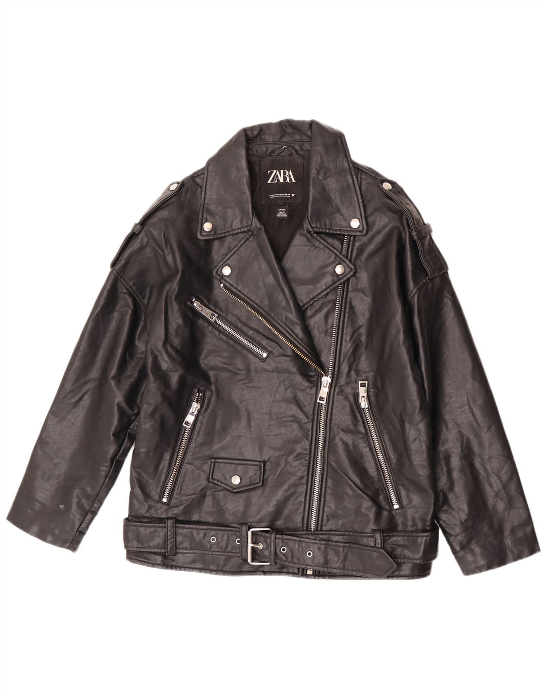Zara Chaqueta Biker De Piel Sintética De Gran Tamaño para Mujer UK 10 Small Poliéster Negro