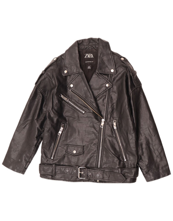 Zara Chaqueta Biker De Piel Sintética De Gran Tamaño para Mujer UK 10 Small Poliéster Negro