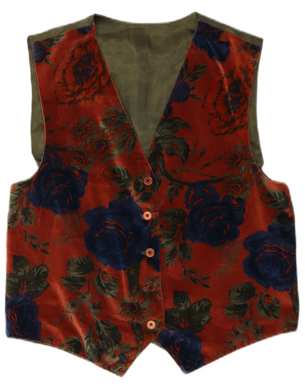 Vintage mujer terciopelo chaleco Reino Unido 14 medio borgoña floral
