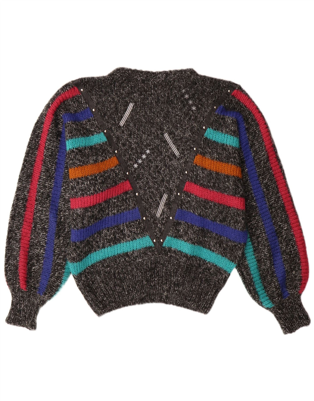 VINTAGE Mujer Batwing Crew Neck Jumper Suéter Reino Unido 14 Rayas Gris Medio