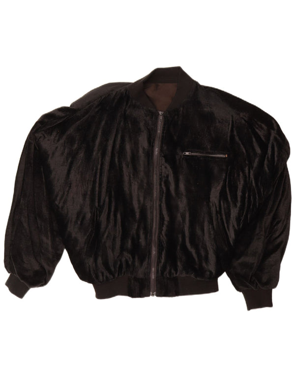 VINTAGE Chaqueta bomber de terciopelo de gran tamaño para mujer Reino Unido 14 Viscosa negra mediana