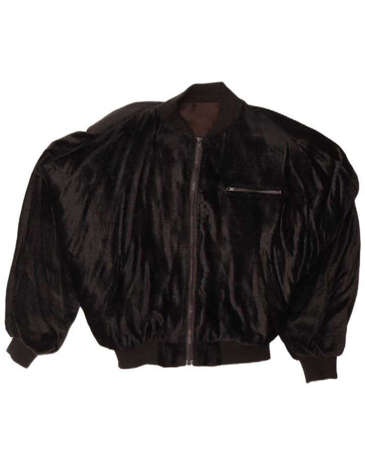 VINTAGE Chaqueta bomber de terciopelo de gran tamaño para mujer Reino Unido 14 Viscosa negra mediana