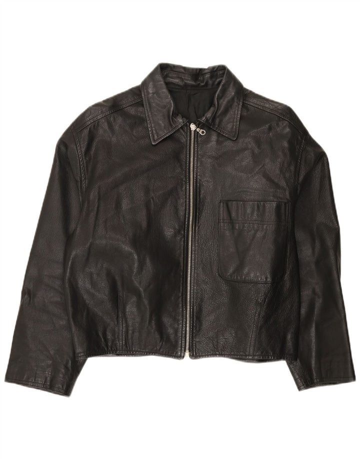 Vintage mujer crop chaqueta de cuero de gran tamaño Reino Unido 10 cuero negro pequeño