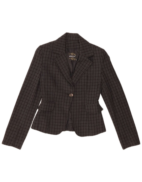 Vintage mujer 1 botón Blazer chaqueta EU 36 pequeño gris comprobar poliéster