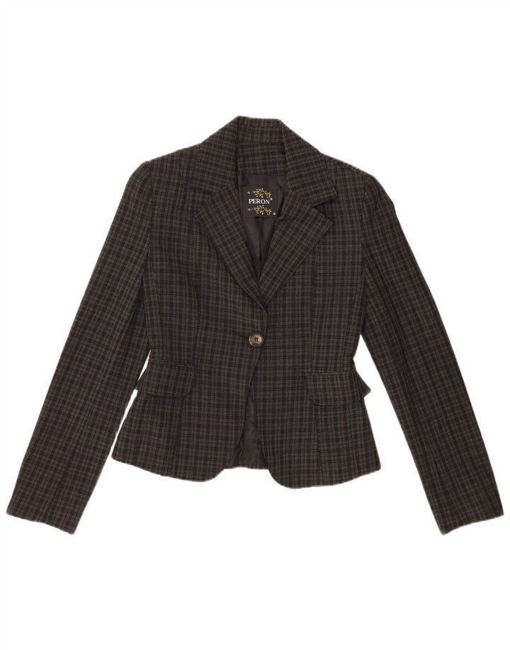 Vintage mujer 1 botón Blazer chaqueta EU 36 pequeño gris comprobar poliéster