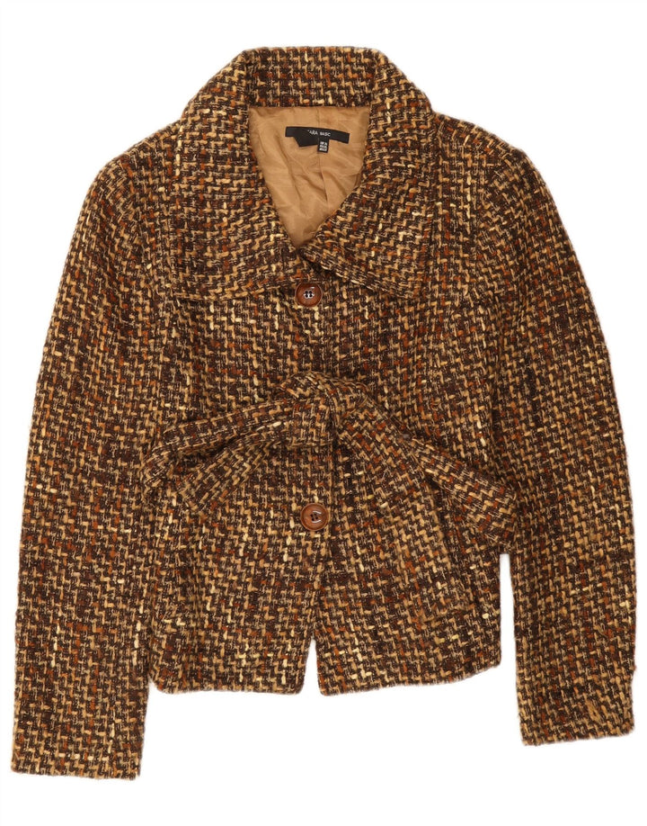 Zara Chaqueta Blazer De 3 Botones Para Mujer UK 40 XL Marrón Chevron Acrílico