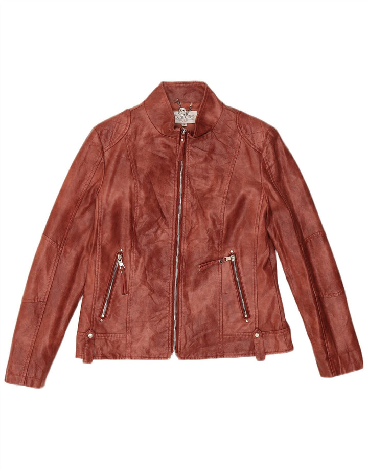 Vintage mujer chaqueta de cuero sintético Reino Unido 10 pequeño poliéster borgoña