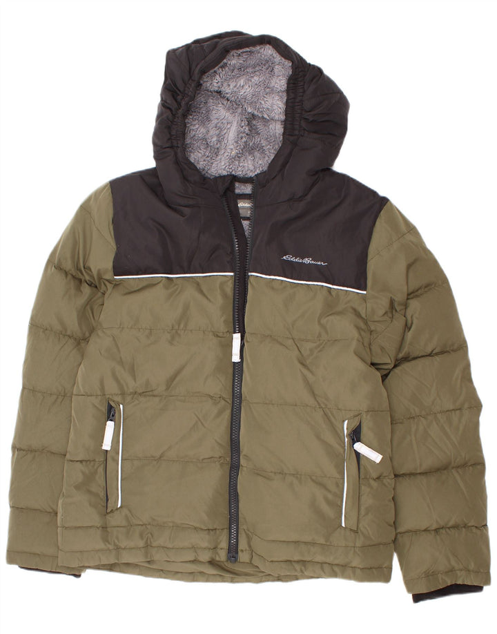 Eddie Bauer Chaqueta acolchada con capucha para niños 7-8 años Small Caqui Colorblock