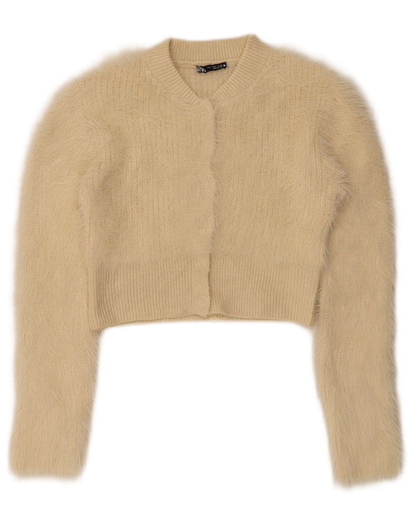 Zara Mujer Crop Cardigan Suéter UK 8 Small Beige Poliéster