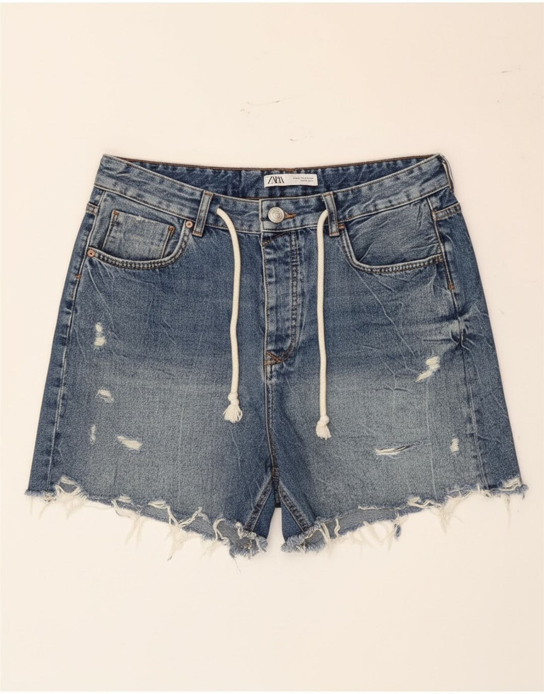 Zara Pantalones cortos de mezclilla desgastados para mujer EU 42 Large W32 Algodón azul