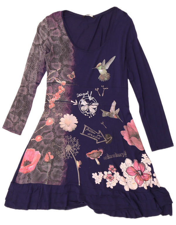 Desigual Vestido Acampanado De Manga Larga Gráfico para Mujer UK 40 XL Azul Marino Floral