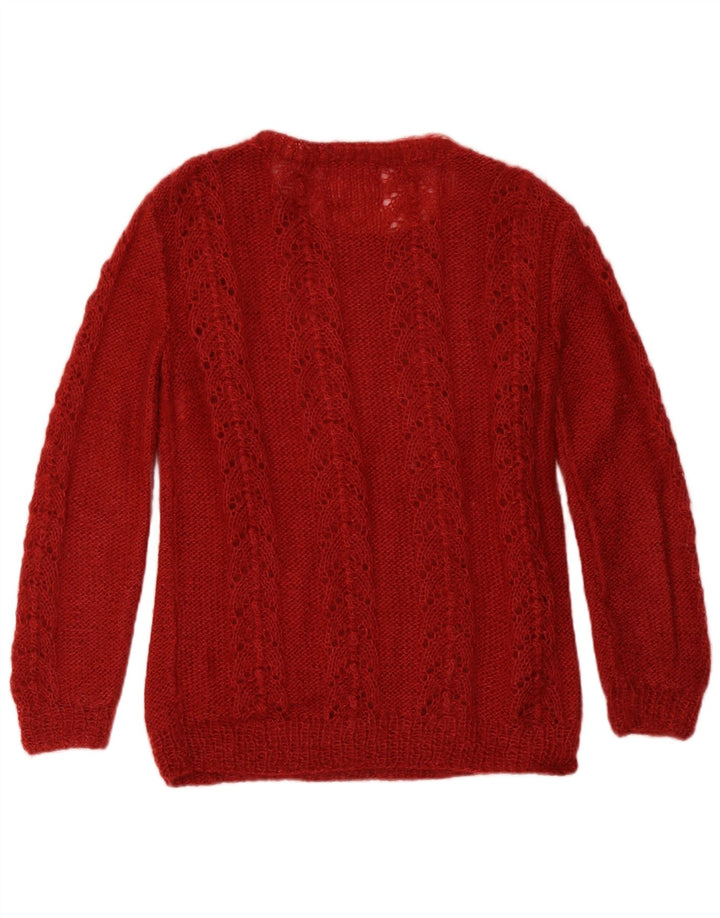 Vintage mujeres patrón abstracto cuello redondo jumper suéter Reino Unido 12 Medium Burgu
