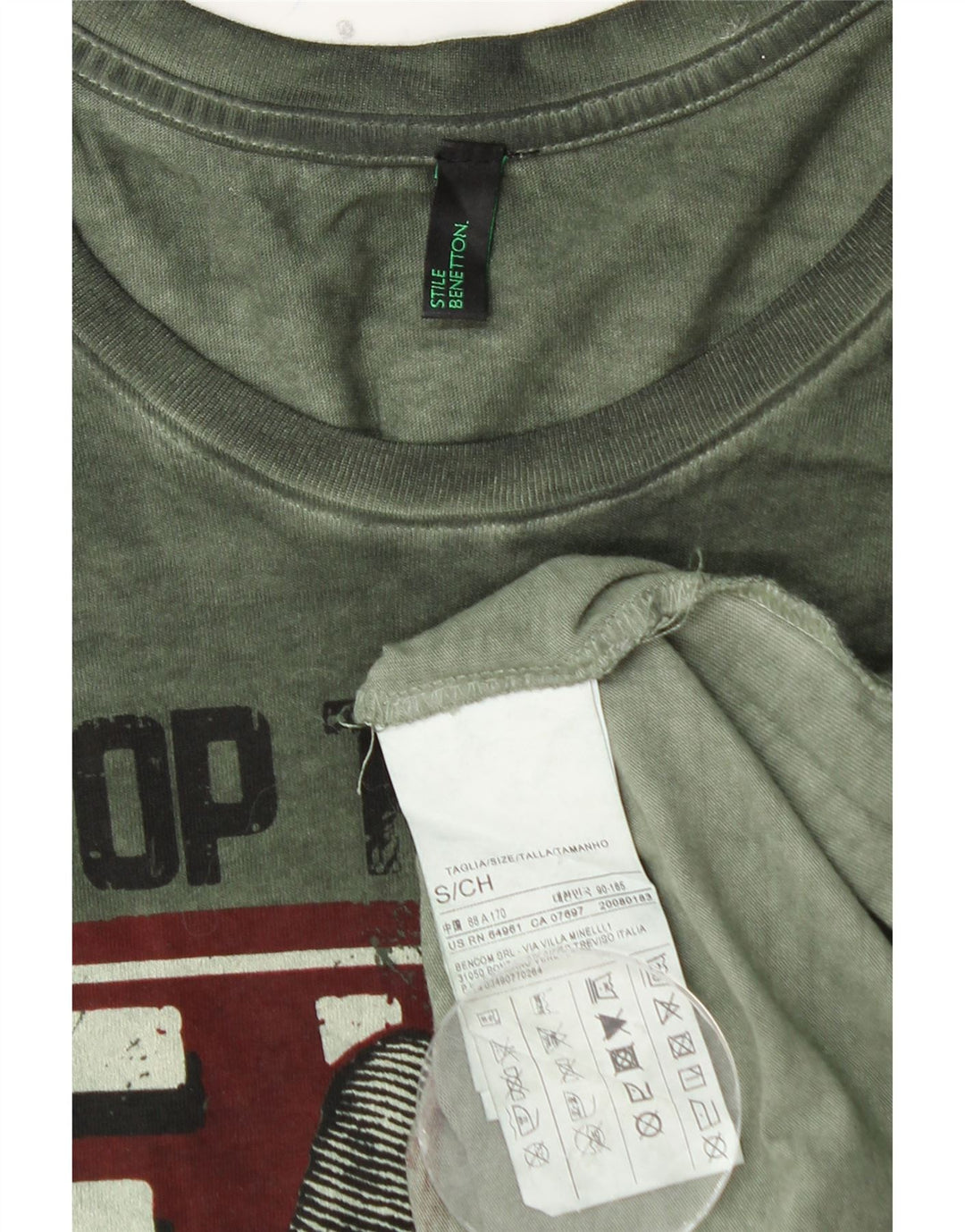 BENETTON Top Gráfico De Manga Larga De Algodón Verde Pequeño Para Hombre