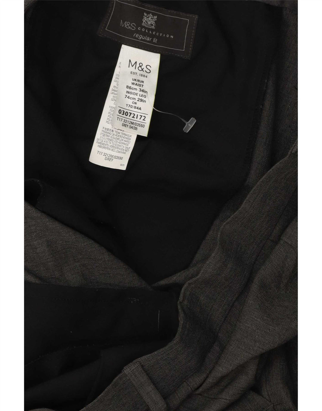 Marks & Spencer Pantalón de traje de corte regular para hombre W34 L29 Poliéster gris