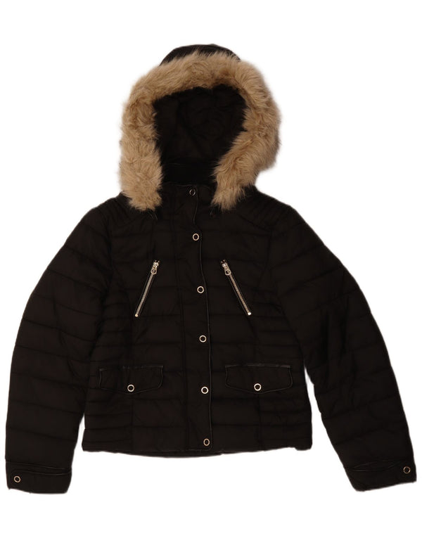 Zara Mujer Chaqueta Acolchada Con Capucha UK 44 Mediana Poliéster Negro