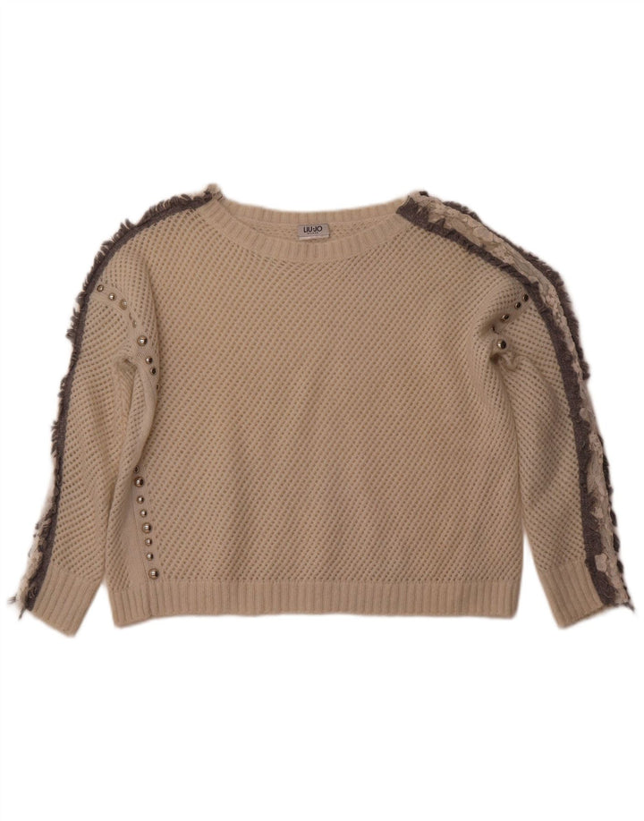 LIU JO Suéter tipo jersey con cuello barco de crochet para mujer UK 12 Medium White