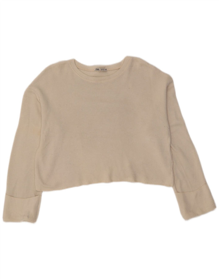 Zara Mujer Crop Oversize Top Manga Larga UK 10 Small Viscosa Blanca