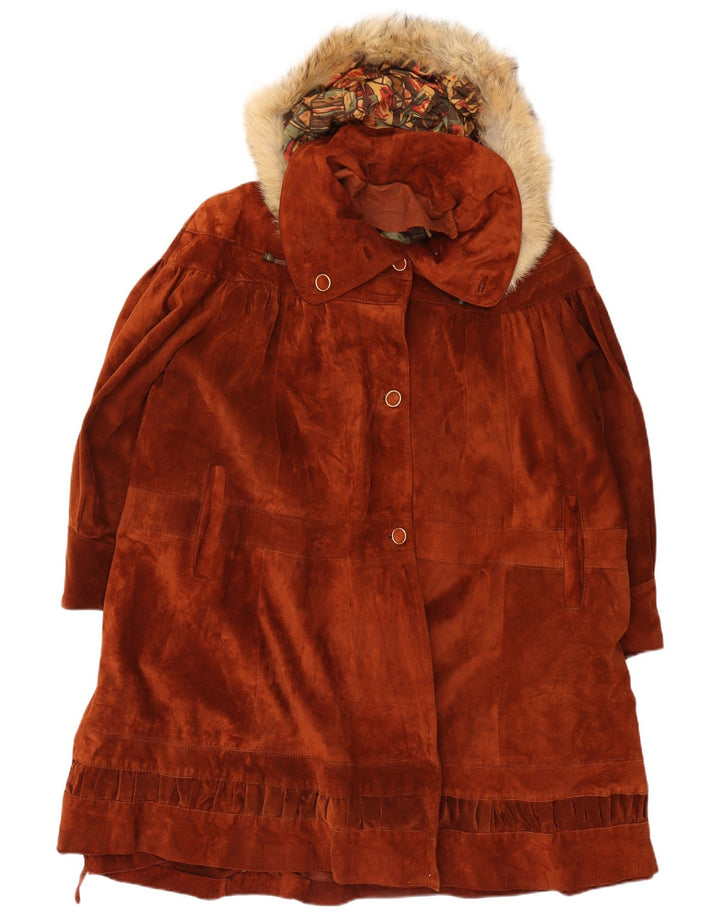 Vintage mujer oversize con capucha ante abrigo Reino Unido 14 cuero marrón medio