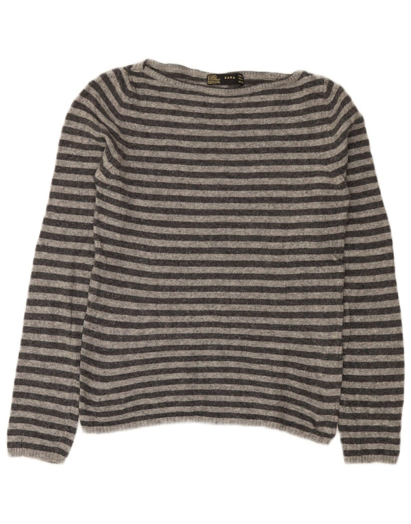 Zara - Jersey con cuello barco para mujer, talla 40, talla grande, lana a rayas gris