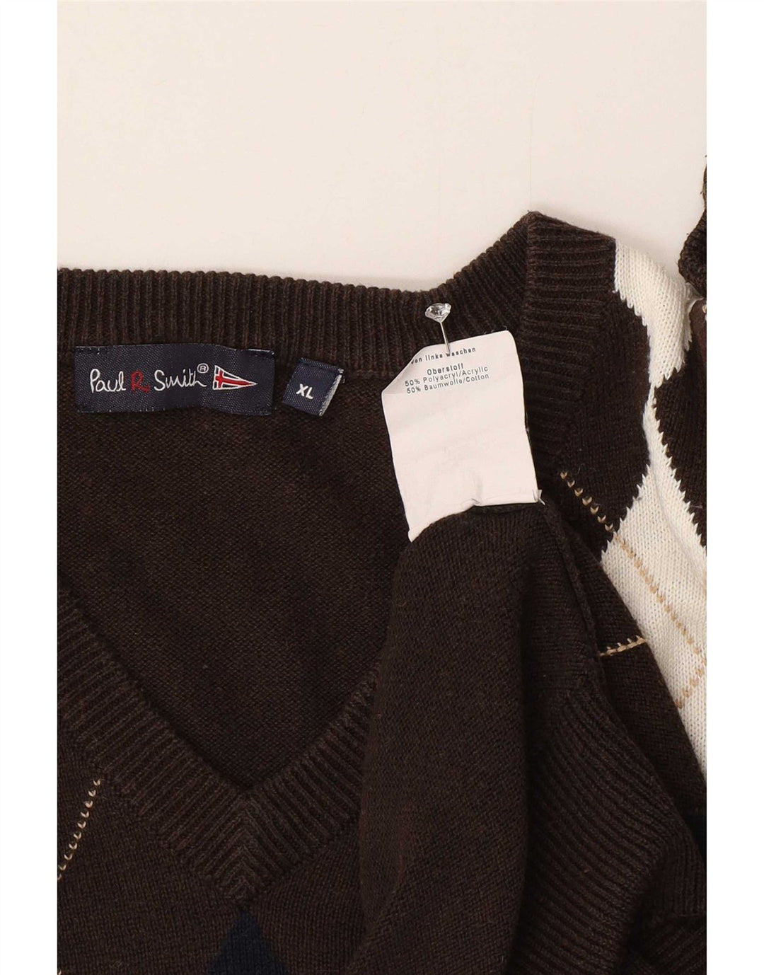 Paul Smith Jersey con cuello en V para hombre XL Marrón Argyle/Diamante
