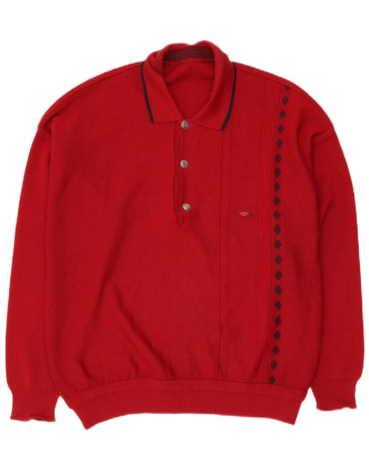 Vintage hombres polo cuello jersey suéter medio rojo geométrico