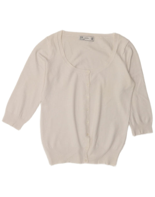 Zara Mujer Cárdigan De Manga 3/4 Suéter UK 44 Mediano Algodón Blanco