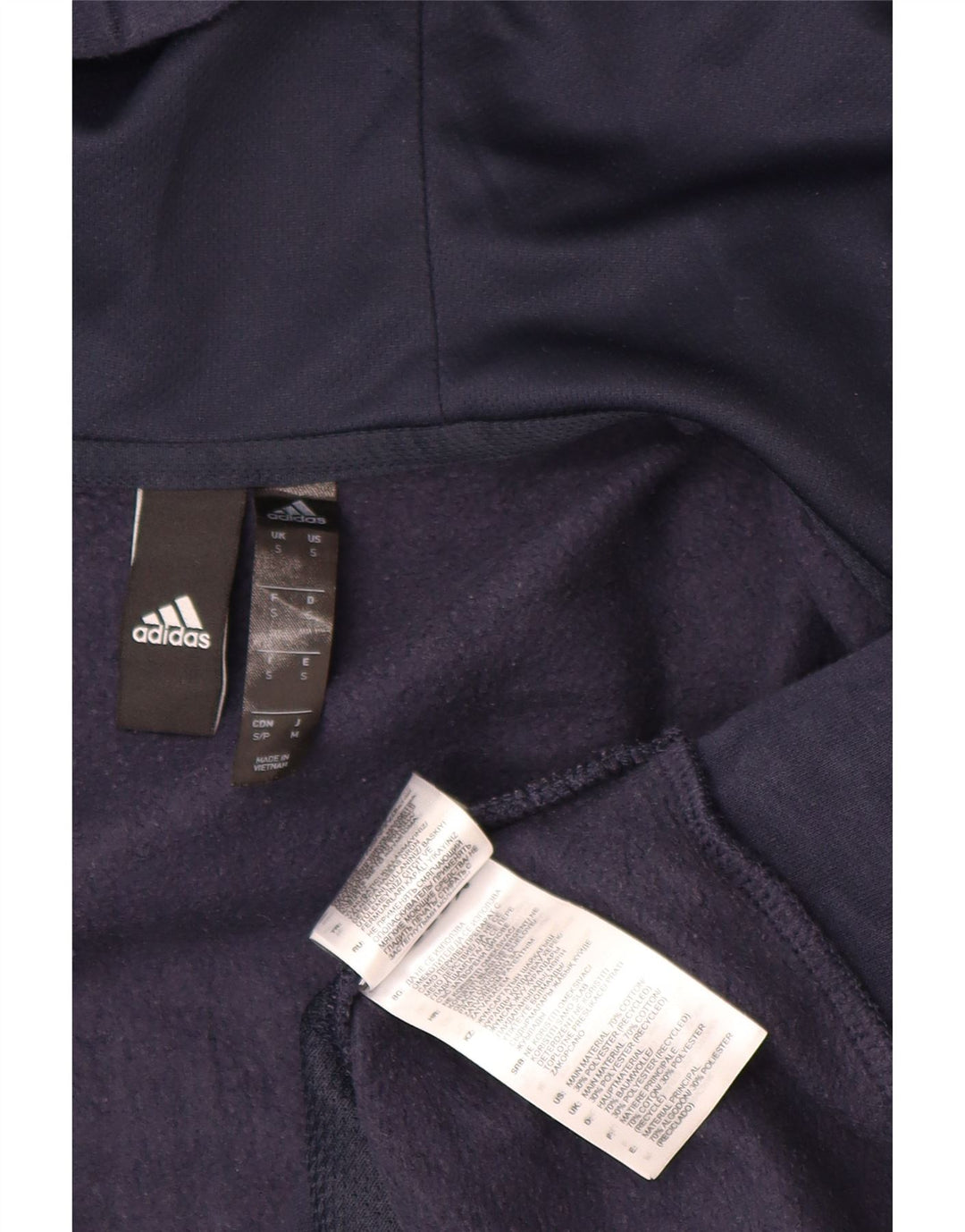 ADIDAS Sudadera con capucha y cremallera para hombre, talla pequeña, algodón azul marino con bloques de color