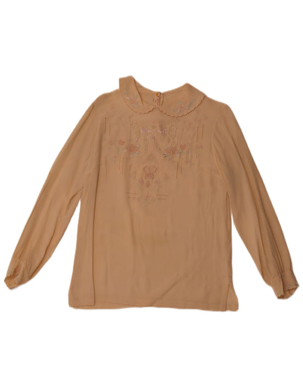 VINTAGE Blusa camisa de manga larga para mujer EU 36 Pequeña seda floral beige