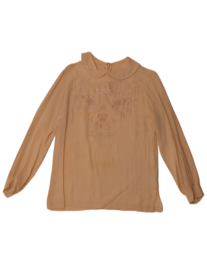 VINTAGE Blusa camisa de manga larga para mujer EU 36 Pequeña seda floral beige