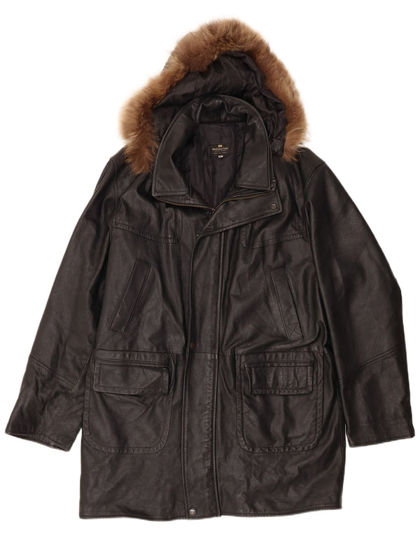 Gianfranco Cenci Abrigo de cuero con capucha para hombre UK 42 XL Negro