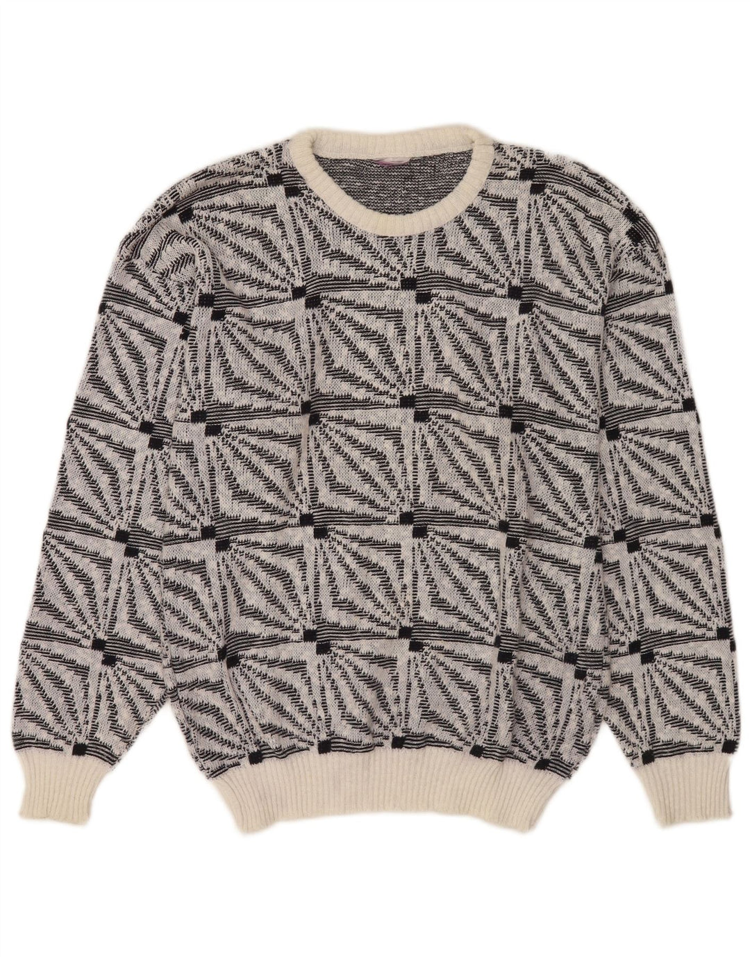 Vintage hombres cuello redondo jersey suéter medio blanco geométrico
