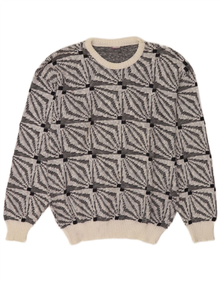 Vintage hombres cuello redondo jersey suéter medio blanco geométrico