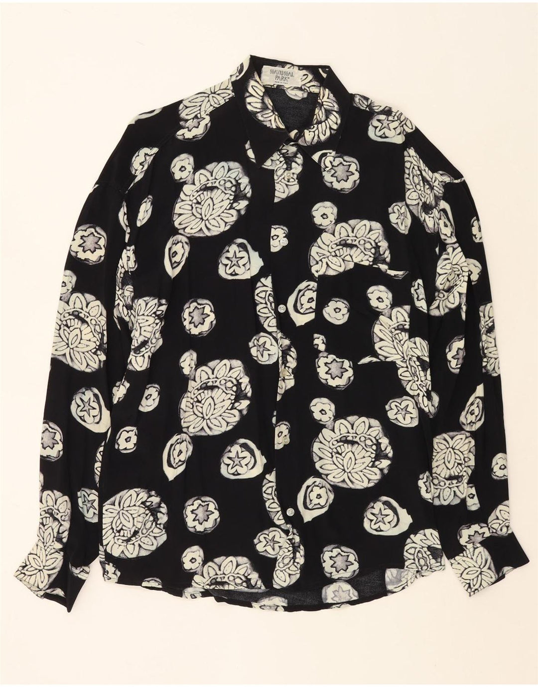 VINTAGE Camisa de hombre grande viscosa floral negra