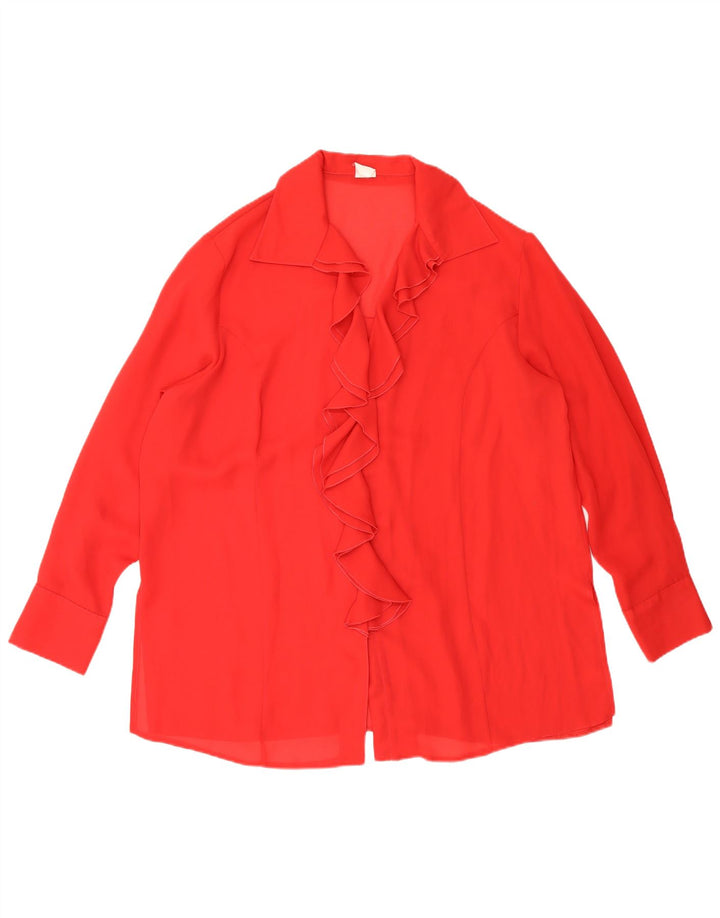 Vintage mujer volante frente camisa blusa Reino Unido 18 XL poliéster rojo
