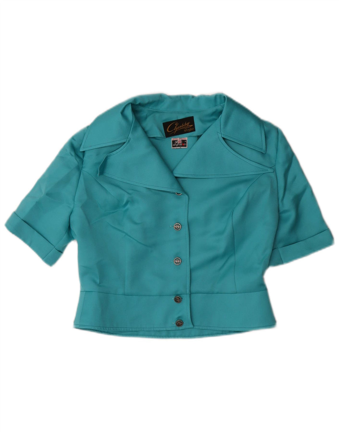 VINTAGE Mujer Crop Manga Corta Camisa Blusa EU 40 Poliéster Azul Medio